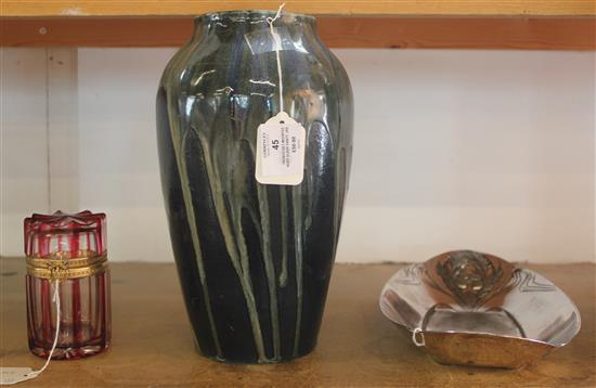 French gilt-mounted ruby glass vanity jar by Martin Benito, Art Nouveau plated pewter dish & a studio pottery vase